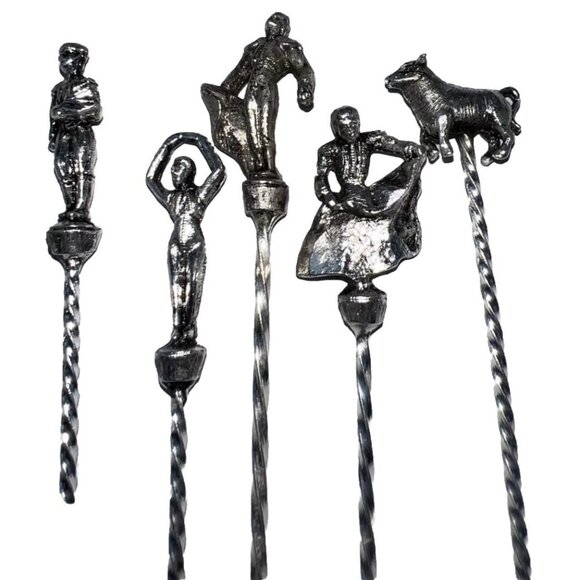 Set Of 6 Silver-Toned Twisted Metal Cocktail Forks With Flamenco & Bullfighter T - Picture 3 of 6